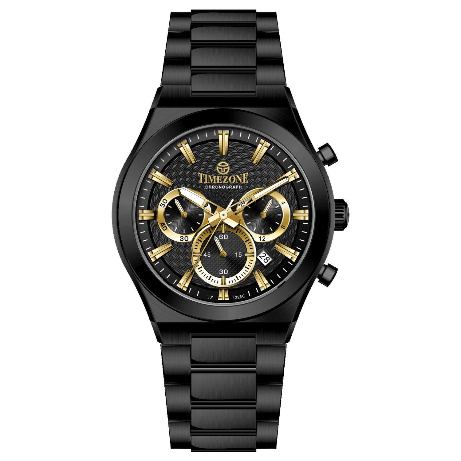 Branded wrist watch for men in pakistan. A black analog watch with a stainless steel band and a chronograph dial.