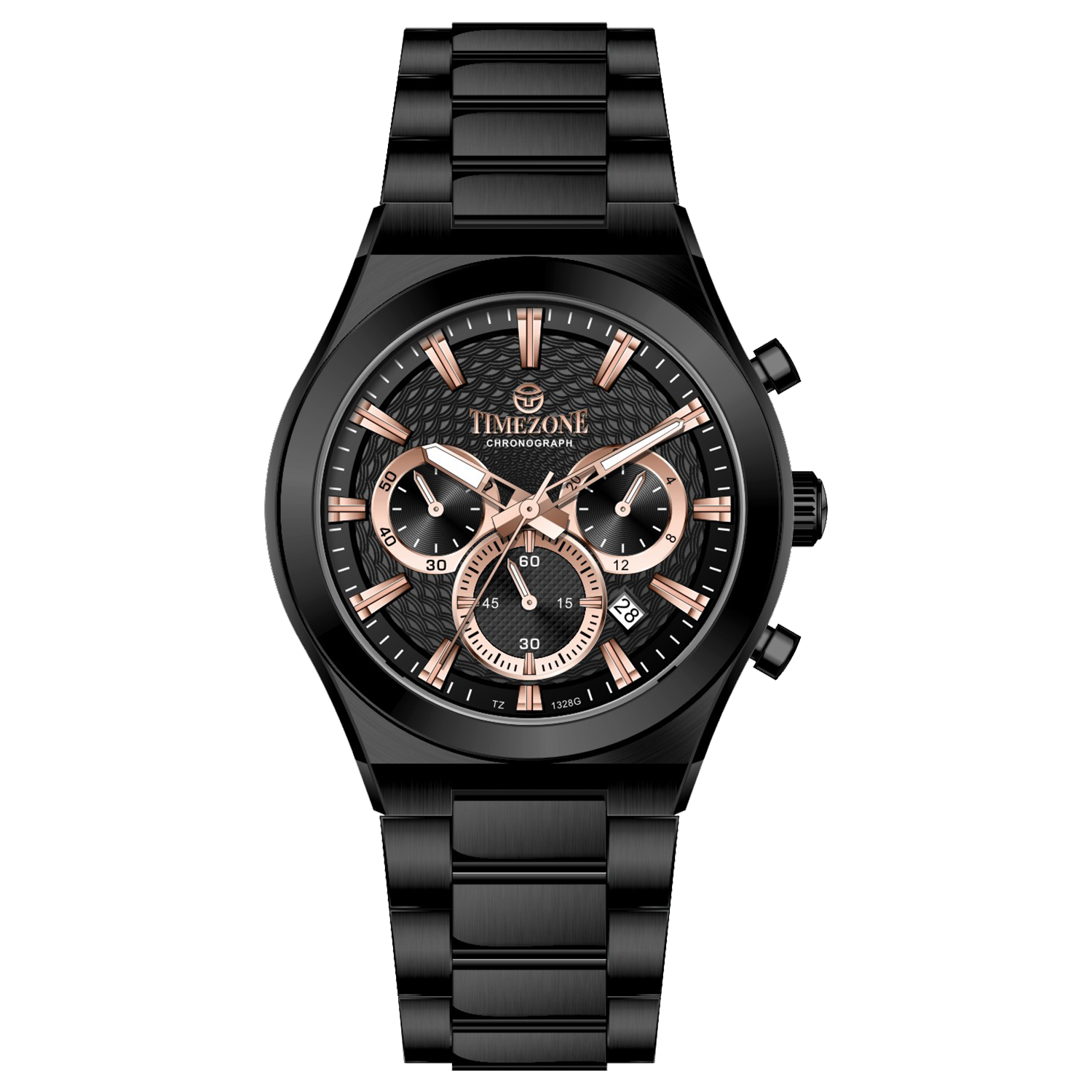 Branded wrist watch for men in pakistan. A black analog watch with a stainless steel band and a chronograph dial.