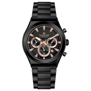 Branded wrist watch for men in pakistan. A black analog watch with a stainless steel band and a chronograph dial.