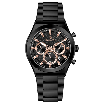 Branded wrist watch for men in pakistan. A black analog watch with a stainless steel band and a chronograph dial.