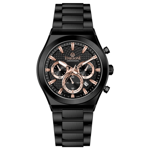 Branded wrist watch for men in pakistan. A black analog watch with a stainless steel band and a chronograph dial.