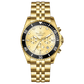 A gold-toned stainless steel Timezone watch with a chronograph function, a stainless steel band. A branded Timezone Watches stainless steel watch with a golden dial, gold hands and a date display. Discover timezone watches: elegant branded wrist watch for men in pakistan.