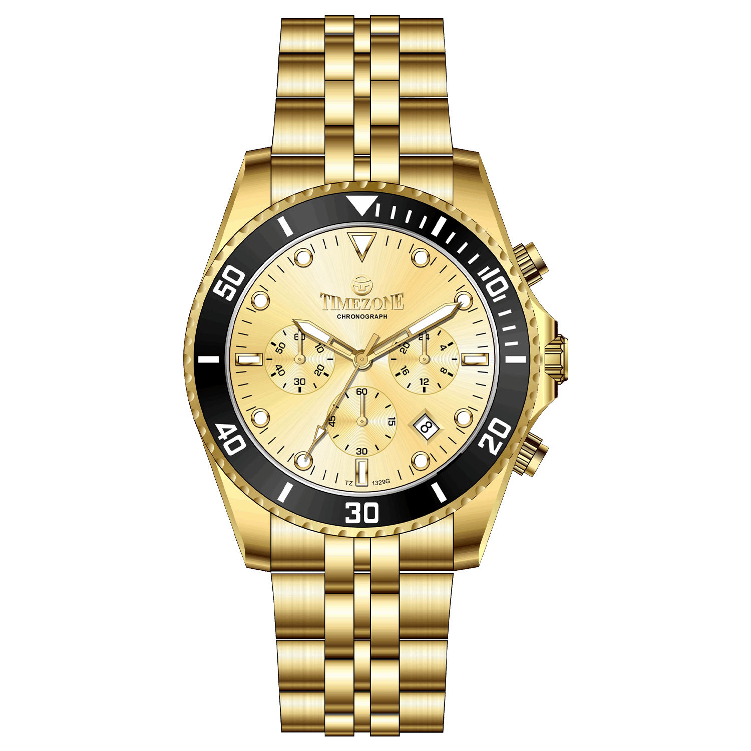 A gold-toned stainless steel Timezone watch with a chronograph function, a stainless steel band. A branded Timezone Watches stainless steel watch with a golden dial, gold hands and a date display. Discover timezone watches: elegant branded wrist watch for men in pakistan.