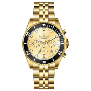 A gold-toned stainless steel Timezone watch with a chronograph function, a stainless steel band. A branded Timezone Watches stainless steel watch with a golden dial, gold hands and a date display. Discover timezone watches: elegant branded wrist watch for men in pakistan.