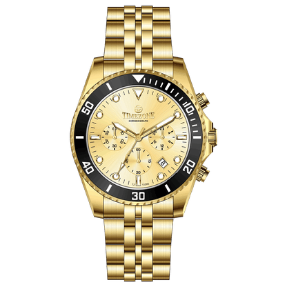 A gold-toned stainless steel Timezone watch with a chronograph function, a stainless steel band. A branded Timezone Watches stainless steel watch with a golden dial, gold hands and a date display. Discover timezone watches: elegant branded wrist watch for men in pakistan.