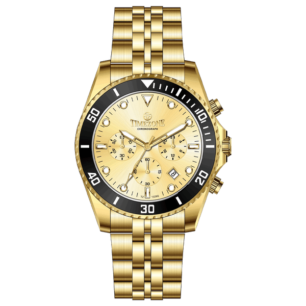 A gold-toned stainless steel Timezone watch with a chronograph function, a stainless steel band. A branded Timezone Watches stainless steel watch with a golden dial, gold hands and a date display. Discover timezone watches: elegant branded wrist watch for men in pakistan.