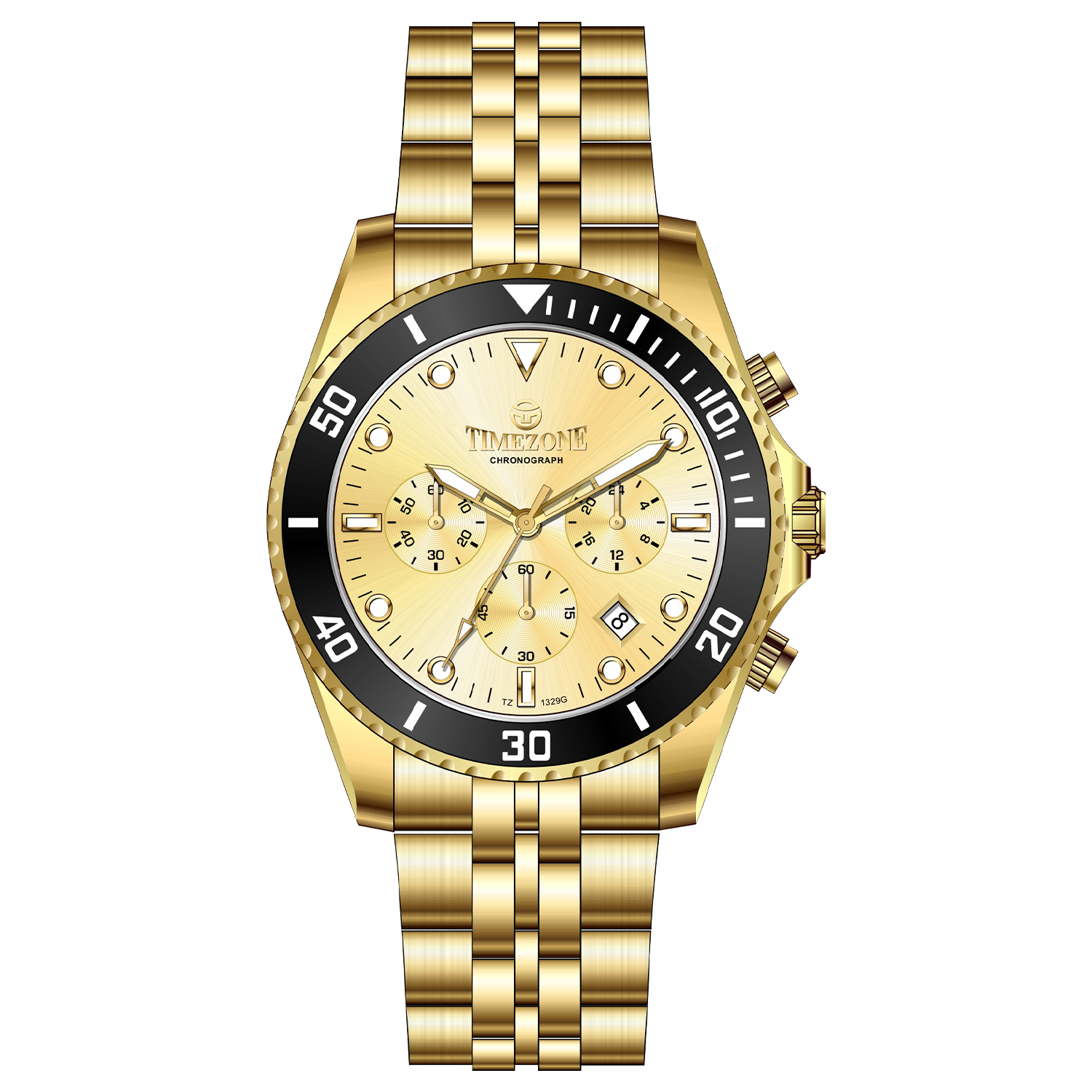 A gold-toned stainless steel Timezone watch with a chronograph function, a stainless steel band. A branded Timezone Watches stainless steel watch with a golden dial, gold hands and a date display. Discover timezone watches: elegant branded wrist watch for men in pakistan.