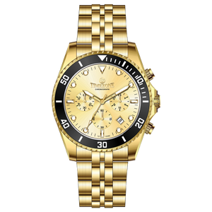 A gold-toned stainless steel Timezone watch with a chronograph function, a stainless steel band. A branded Timezone Watches stainless steel watch with a golden dial, gold hands and a date display. Discover timezone watches: elegant branded wrist watch for men in pakistan.