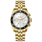 A gold-toned stainless steel Timezone watch with a chronograph function, a stainless steel band. A branded Timezone Watches stainless steel watch with a silver dial, rose gold hands and a date display. Discover timezone watches: elegant branded wrist watch for men in pakistan.