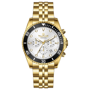 A gold-toned stainless steel Timezone watch with a chronograph function, a stainless steel band. A branded Timezone Watches stainless steel watch with a silver dial, rose gold hands and a date display. Discover timezone watches: elegant branded wrist watch for men in pakistan.
