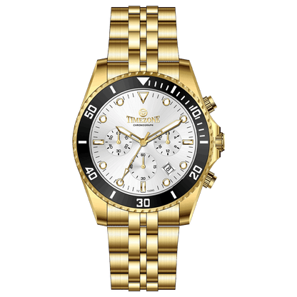 A gold-toned stainless steel Timezone watch with a chronograph function, a stainless steel band. A branded Timezone Watches stainless steel watch with a silver dial, rose gold hands and a date display. Discover timezone watches: elegant branded wrist watch for men in pakistan.