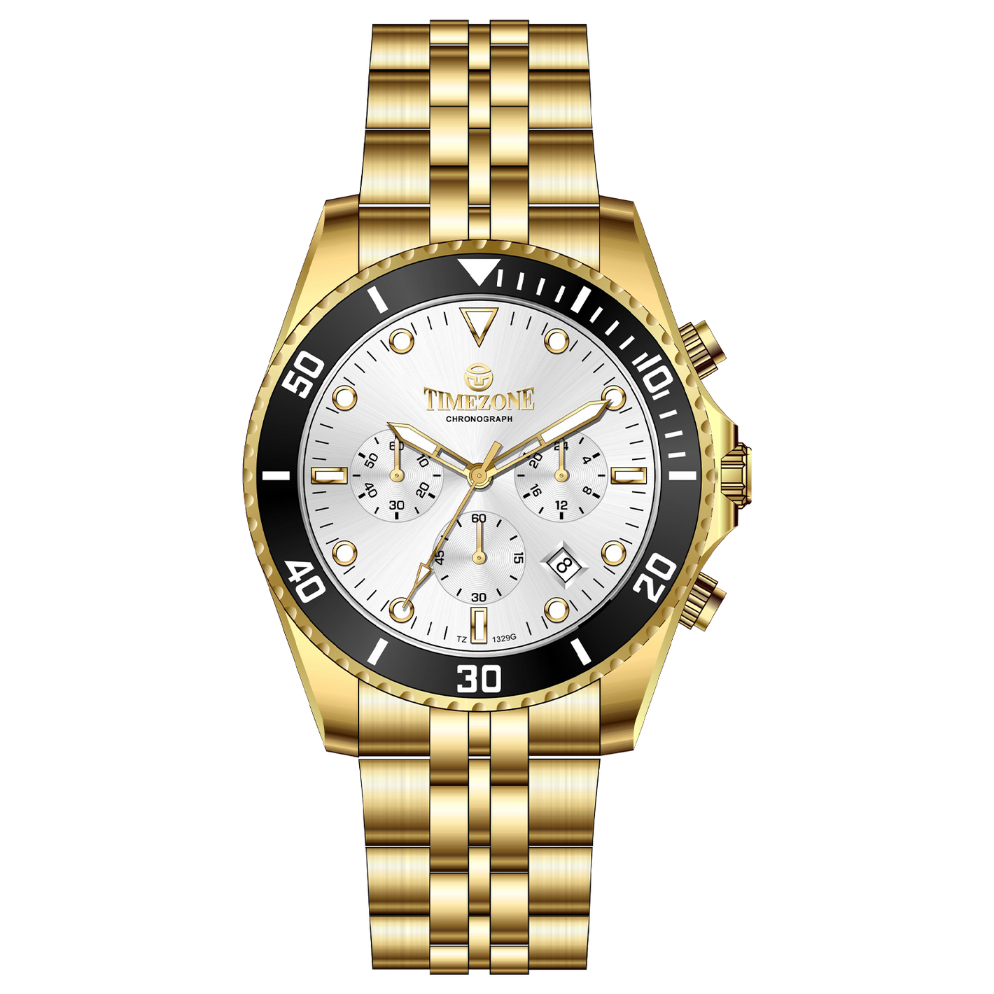 A gold-toned stainless steel Timezone watch with a chronograph function, a stainless steel band. A branded Timezone Watches stainless steel watch with a silver dial, rose gold hands and a date display. Discover timezone watches: elegant branded wrist watch for men in pakistan.