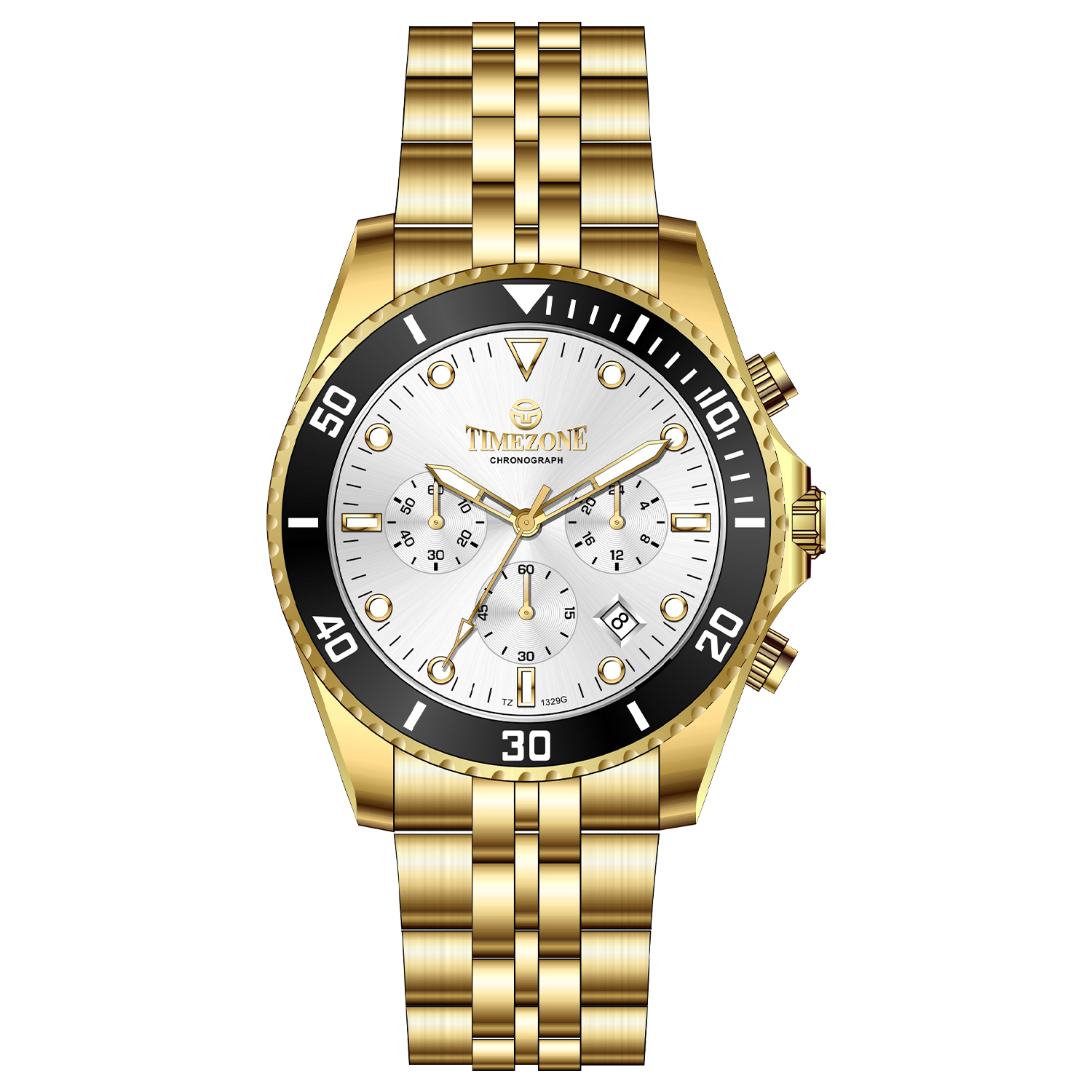 A gold-toned stainless steel Timezone watch with a chronograph function, a stainless steel band. A branded Timezone Watches stainless steel watch with a silver dial, rose gold hands and a date display. Discover timezone watches: elegant branded wrist watch for men in pakistan.