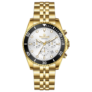 A gold-toned stainless steel Timezone watch with a chronograph function, a stainless steel band. A branded Timezone Watches stainless steel watch with a silver dial, rose gold hands and a date display. Discover timezone watches: elegant branded wrist watch for men in pakistan.