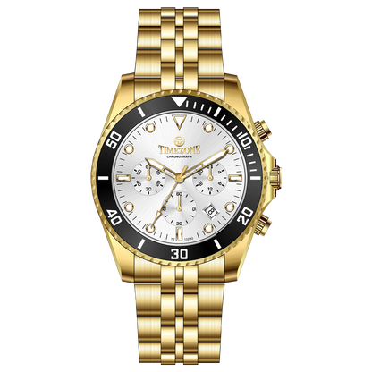A gold-toned stainless steel Timezone watch with a chronograph function, a stainless steel band. A branded Timezone Watches stainless steel watch with a silver dial, rose gold hands and a date display. Discover timezone watches: elegant branded wrist watch for men in pakistan.
