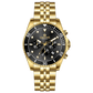 A gold-toned stainless steel Timezone watch with a chronograph function, a stainless steel band. A branded Timezone Watches stainless steel watch with a silver dial, rose gold hands and a date display. Discover timezone watches: elegant branded wrist watch for men in pakistan.