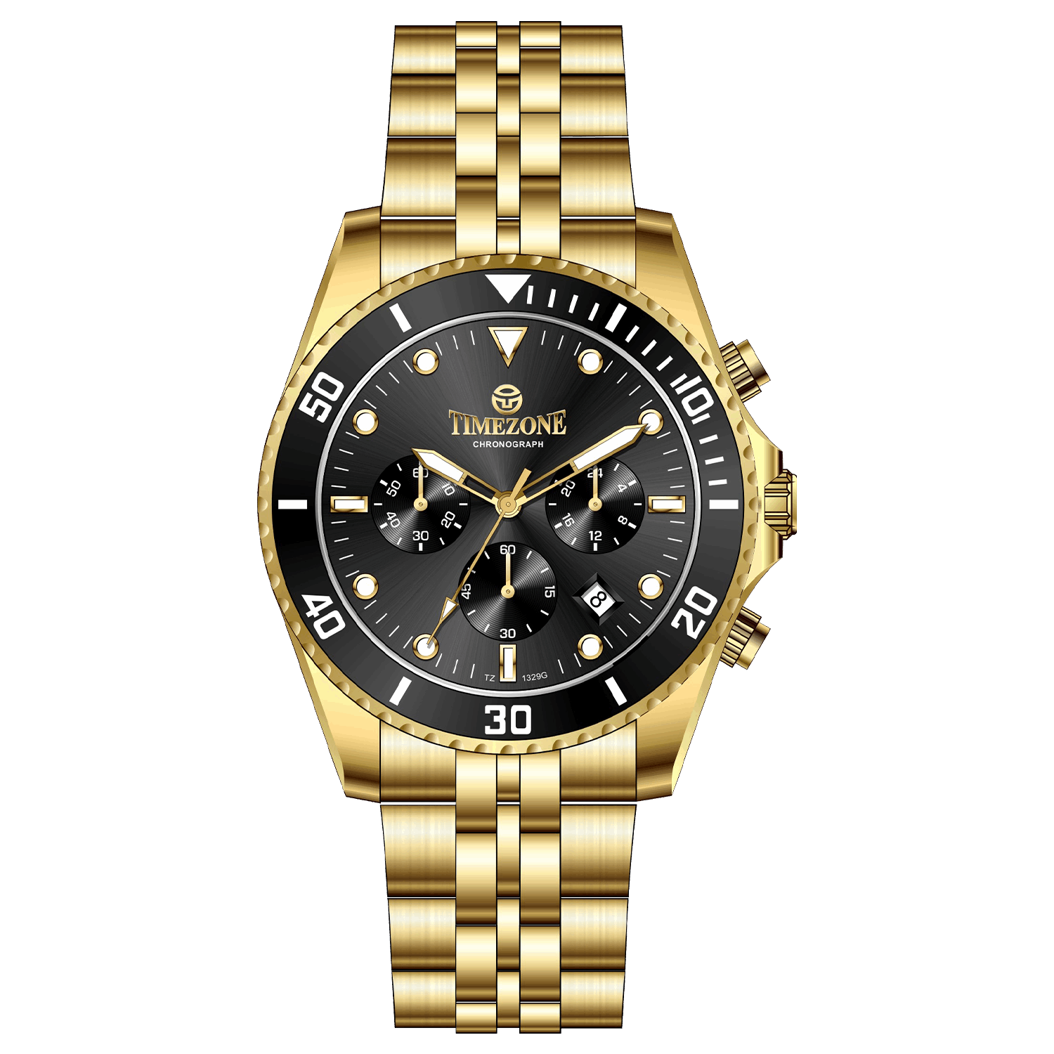 A gold-toned stainless steel Timezone watch with a chronograph function, a stainless steel band. A branded Timezone Watches stainless steel watch with a silver dial, rose gold hands and a date display. Discover timezone watches: elegant branded wrist watch for men in pakistan.