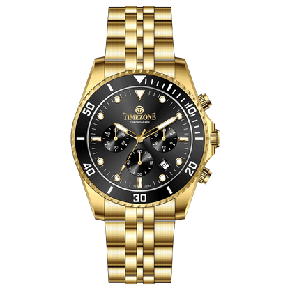 A gold-toned stainless steel Timezone watch with a chronograph function, a stainless steel band. A branded Timezone Watches stainless steel watch with a silver dial, rose gold hands and a date display. Discover timezone watches: elegant branded wrist watch for men in pakistan.