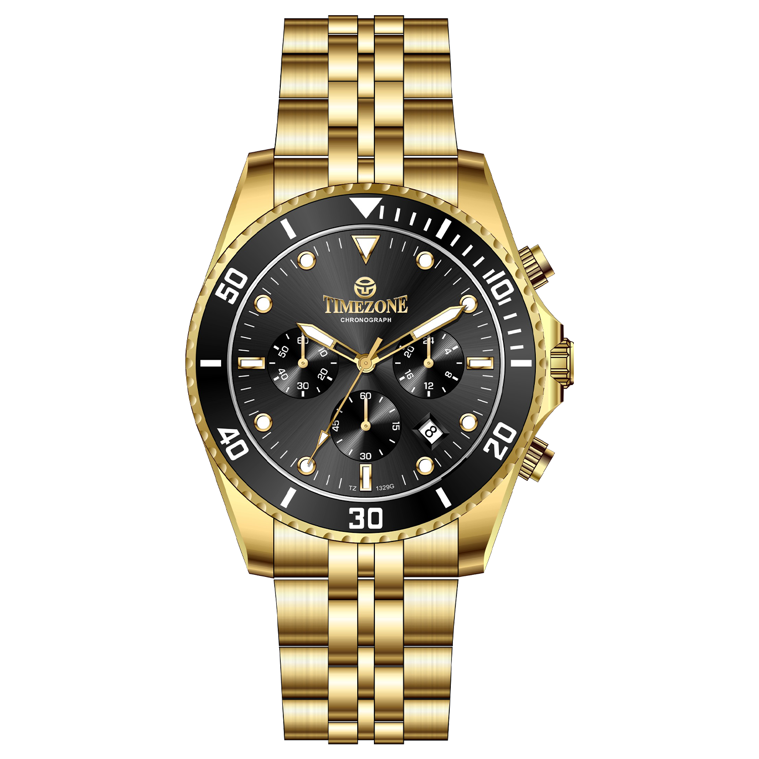A gold-toned stainless steel Timezone watch with a chronograph function, a stainless steel band. A branded Timezone Watches stainless steel watch with a silver dial, rose gold hands and a date display. Discover timezone watches: elegant branded wrist watch for men in pakistan.