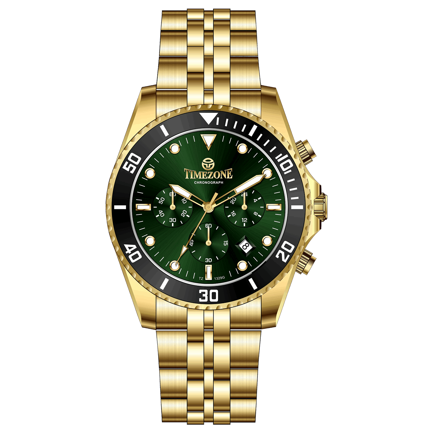 A branded Timezone Watches stainless steel watch with a green dial, gold hands and a date display. Discover timezone watches: elegant branded wrist watch for men in pakistan.
