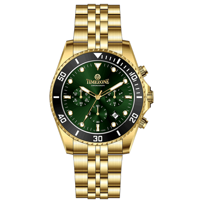 A branded Timezone Watches stainless steel watch with a green dial, gold hands and a date display. Discover timezone watches: elegant branded wrist watch for men in pakistan.