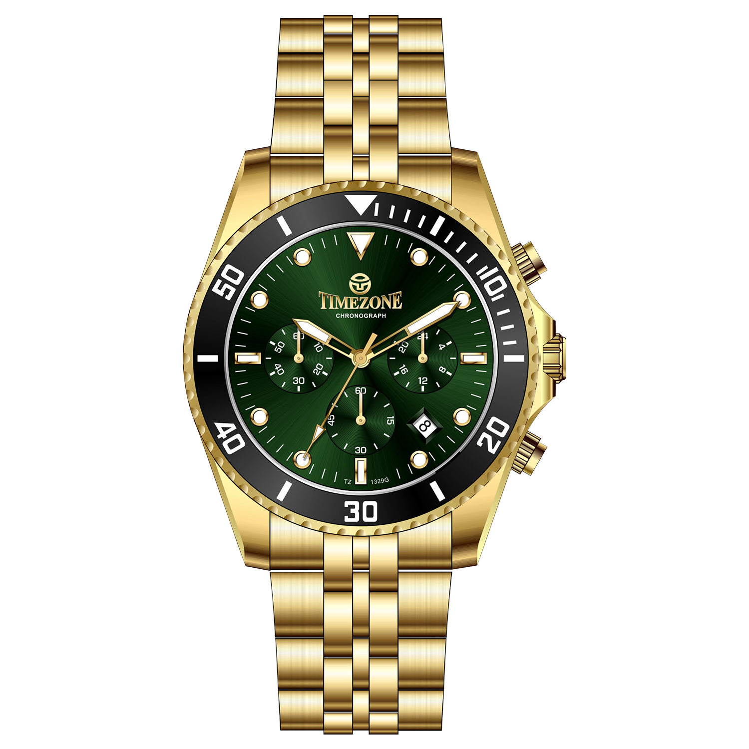 A branded Timezone Watches stainless steel watch with a green dial, gold hands and a date display. Discover timezone watches: elegant branded wrist watch for men in pakistan.