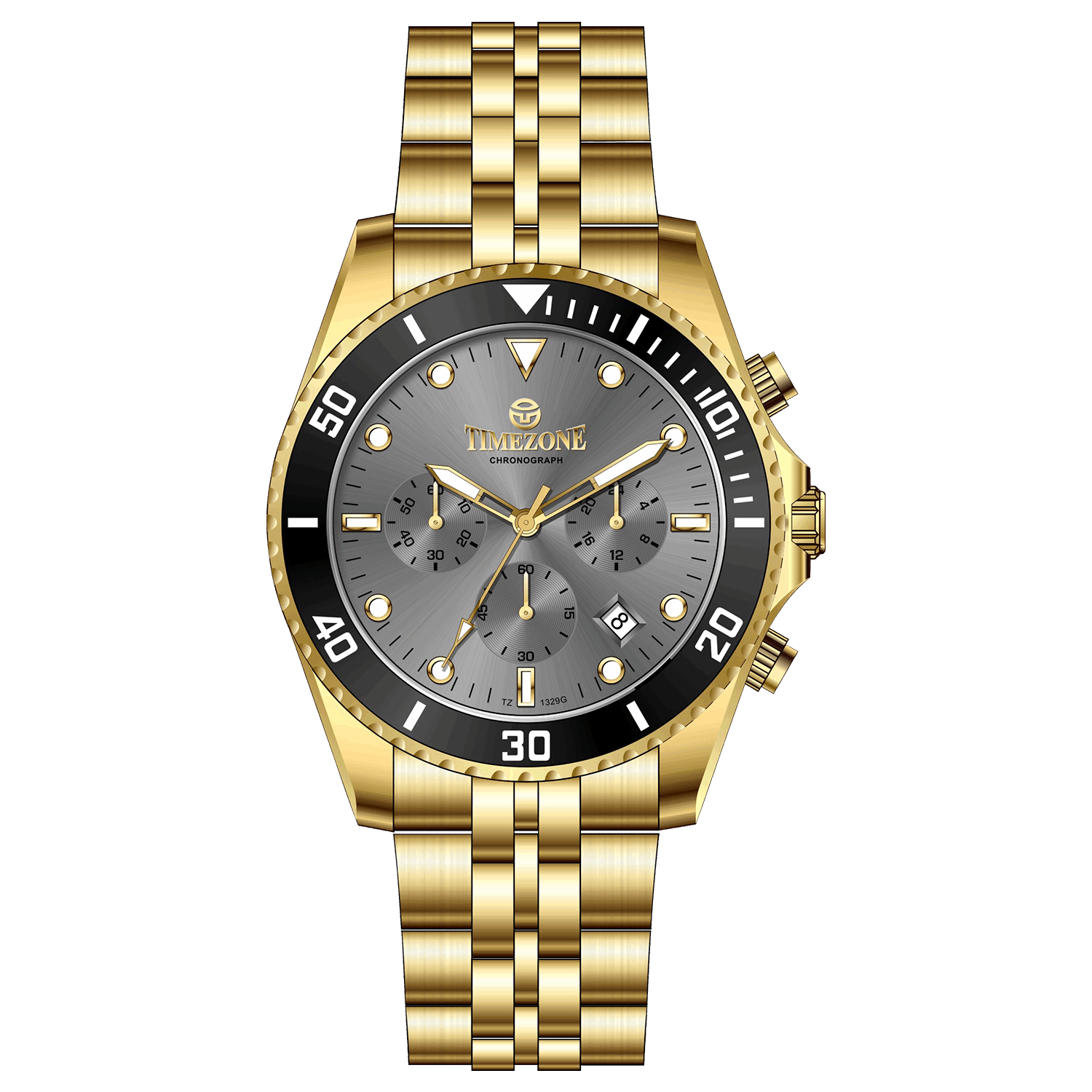 A gold-toned stainless steel Timezone watch with a chronograph function, a stainless steel band. A branded Timezone Watches stainless steel watch with a silver dial, gold hands and a date display. Discover timezone watches: elegant branded wrist watch for men in pakistan.