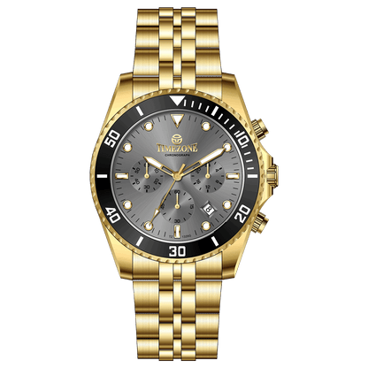 A gold-toned stainless steel Timezone watch with a chronograph function, a stainless steel band. A branded Timezone Watches stainless steel watch with a silver dial, gold hands and a date display. Discover timezone watches: elegant branded wrist watch for men in pakistan.