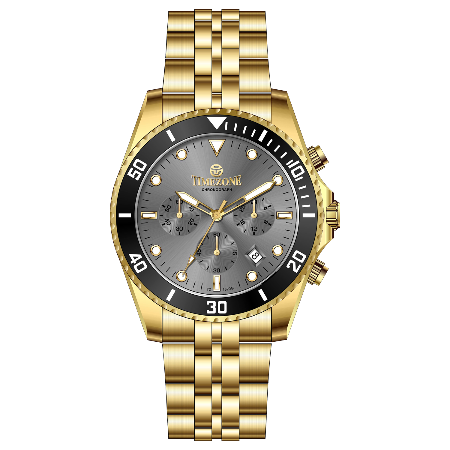 A gold-toned stainless steel Timezone watch with a chronograph function, a stainless steel band. A branded Timezone Watches stainless steel watch with a silver dial, gold hands and a date display. Discover timezone watches: elegant branded wrist watch for men in pakistan.