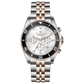 A stainless steel timezone watch with a silver dial, rose gold hands and a rose gold band. Discover timezone watches: elegant branded wrist watches for men in pakistan.