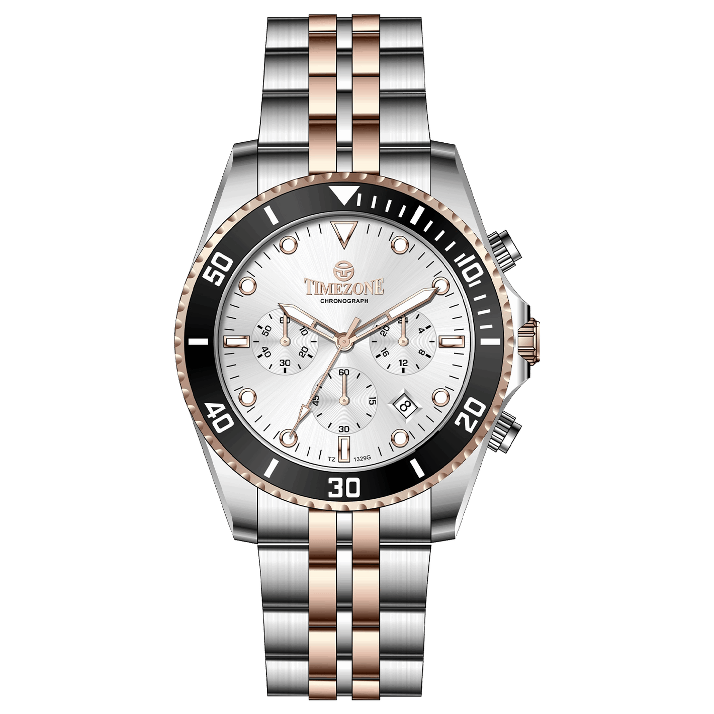 A stainless steel timezone watch with a silver dial, rose gold hands and a rose gold band. Discover timezone watches: elegant branded wrist watches for men in pakistan.
