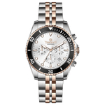 A stainless steel timezone watch with a silver dial, rose gold hands and a rose gold band. Discover timezone watches: elegant branded wrist watches for men in pakistan.