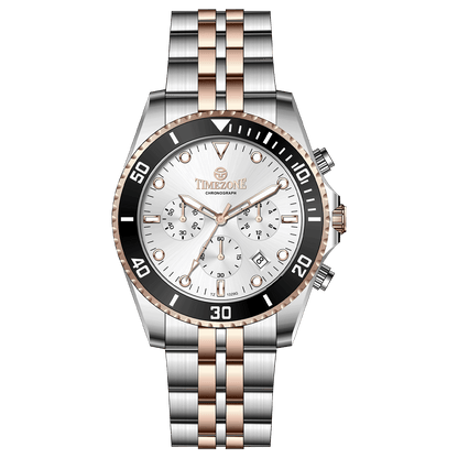 A stainless steel timezone watch with a silver dial, rose gold hands and a rose gold band. Discover timezone watches: elegant branded wrist watches for men in pakistan.