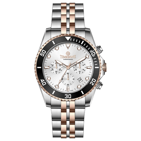 A stainless steel timezone watch with a silver dial, rose gold hands and a rose gold band. Discover timezone watches: elegant branded wrist watches for men in pakistan.