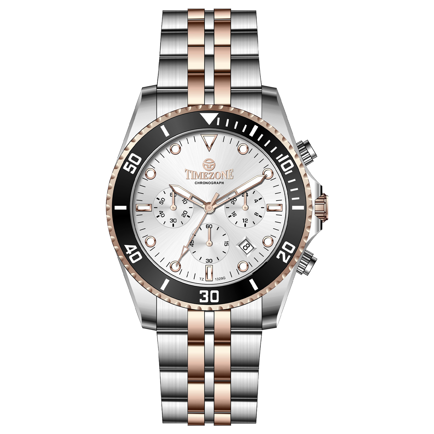 A stainless steel timezone watch with a silver dial, rose gold hands and a rose gold band. Discover timezone watches: elegant branded wrist watches for men in pakistan.