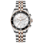 A stainless steel timezone watch with a silver dial, rose gold hands and a rose gold band. Discover timezone watches: elegant branded wrist watches for men in pakistan.