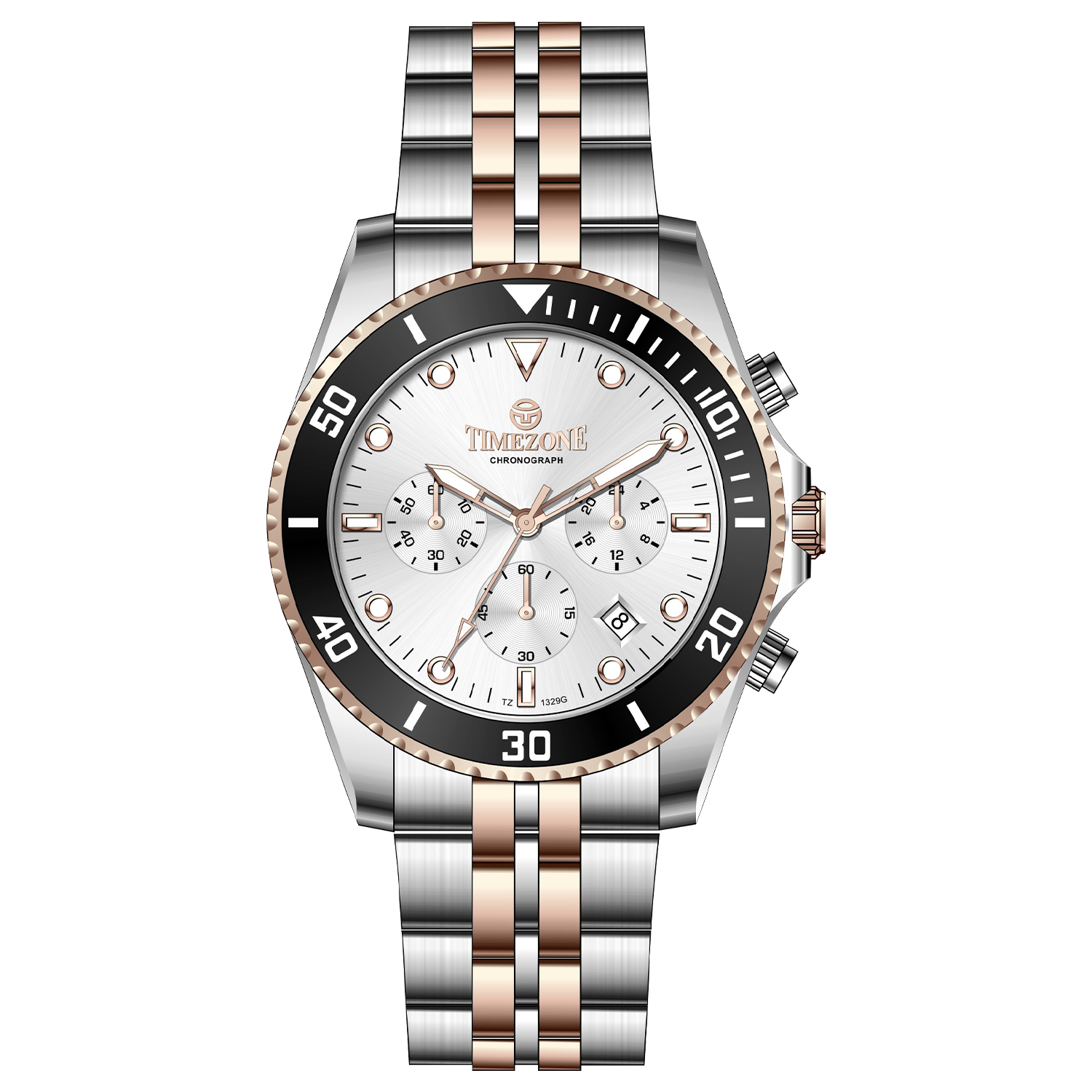 A stainless steel timezone watch with a silver dial, rose gold hands and a rose gold band. Discover timezone watches: elegant branded wrist watches for men in pakistan.