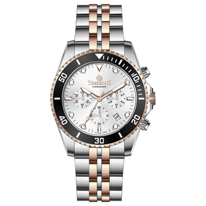A stainless steel timezone watch with a silver dial, rose gold hands and a rose gold band. Discover timezone watches: elegant branded wrist watches for men in pakistan.
