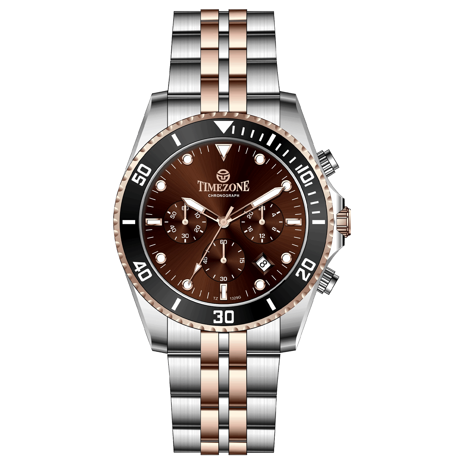 A stainless steel timezone watch with a silver dial, rose gold hands and a rose gold band. Discover timezone watches: elegant branded wrist watches for men in pakistan.