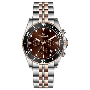 A stainless steel timezone watch with a silver dial, rose gold hands and a rose gold band. Discover timezone watches: elegant branded wrist watches for men in pakistan.