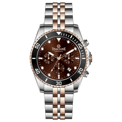 A stainless steel timezone watch with a silver dial, rose gold hands and a rose gold band. Discover timezone watches: elegant branded wrist watches for men in pakistan.