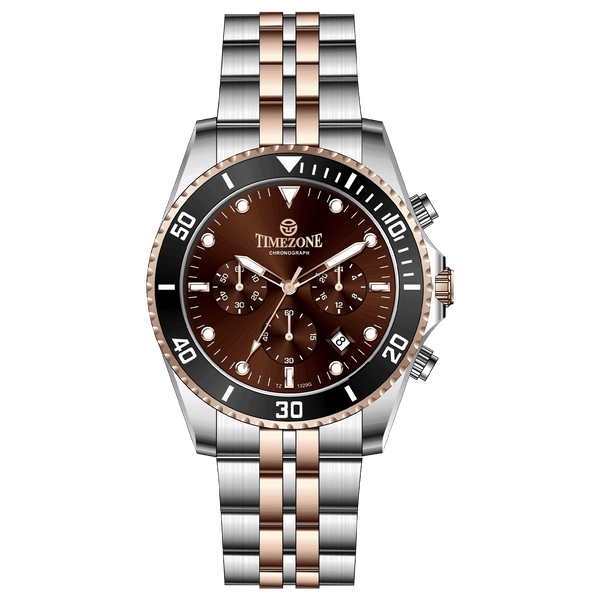 A stainless steel timezone watch with a silver dial, rose gold hands and a rose gold band. Discover timezone watches: elegant branded wrist watches for men in pakistan.