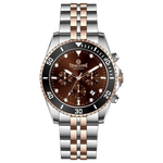 A stainless steel timezone watch with a silver dial, rose gold hands and a rose gold band. Discover timezone watches: elegant branded wrist watches for men in pakistan.