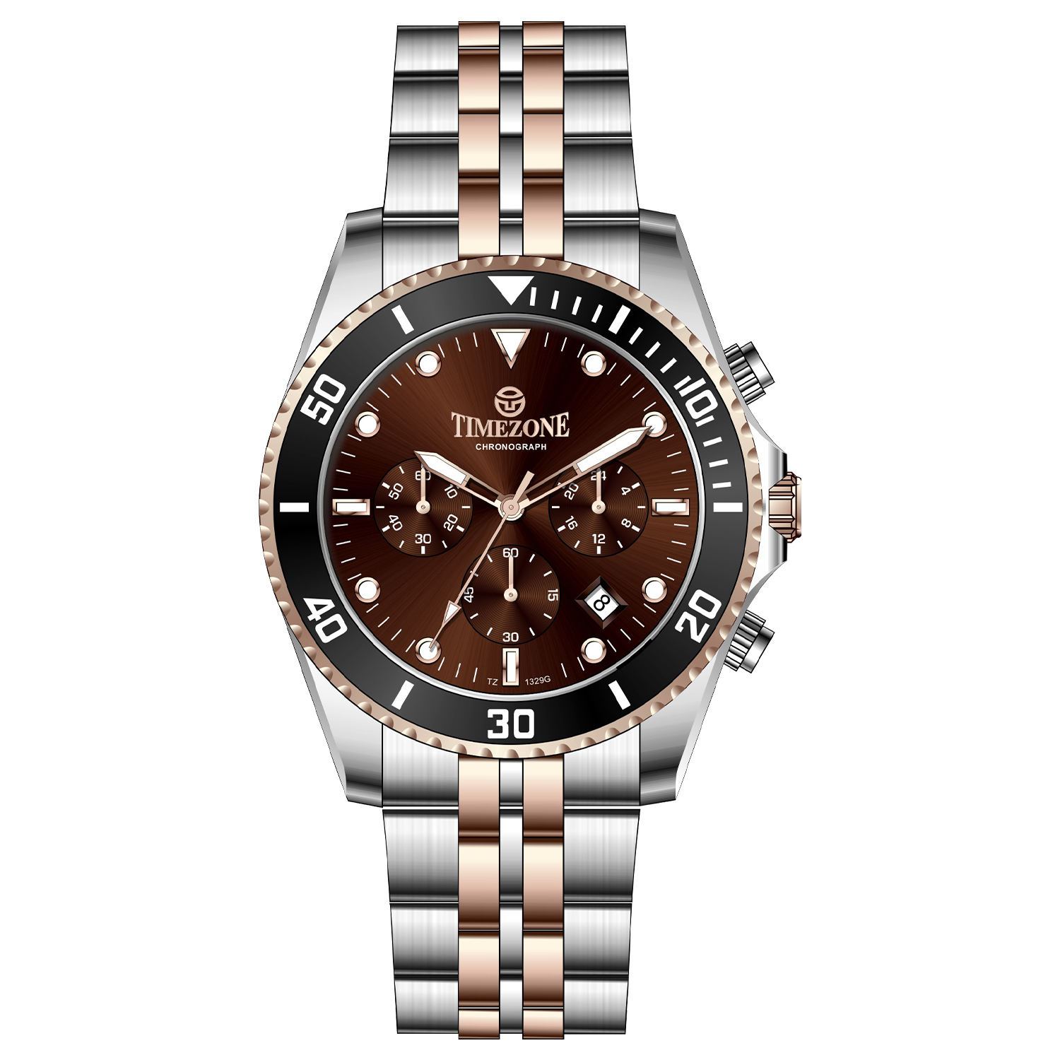 A stainless steel timezone watch with a silver dial, rose gold hands and a rose gold band. Discover timezone watches: elegant branded wrist watches for men in pakistan.