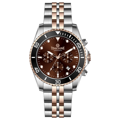 A stainless steel timezone watch with a silver dial, rose gold hands and a rose gold band. Discover timezone watches: elegant branded wrist watches for men in pakistan.