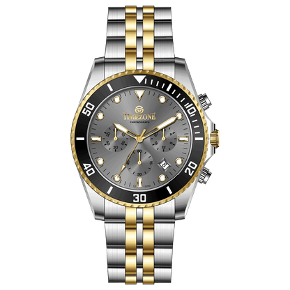 A TIMEZONE branded watch with a stainless steel band and a silver dial featuring black accents and gold accents. The watch has a chronograph function and a date display. A branded Timezone Watches stainless steel watch with a silver dial, rose gold hands and a date display. Discover timezone watches: elegant branded wrist watch for men in pakistan.