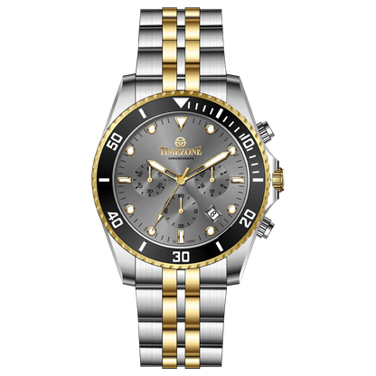 A TIMEZONE branded watch with a stainless steel band and a silver dial featuring black accents and gold accents. The watch has a chronograph function and a date display. A branded Timezone Watches stainless steel watch with a silver dial, rose gold hands and a date display. Discover timezone watches: elegant branded wrist watch for men in pakistan.