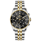 A TIMEZONE branded watch with a stainless steel band and a black dial featuring black accents and gold accents. The watch has a chronograph function and a date display.