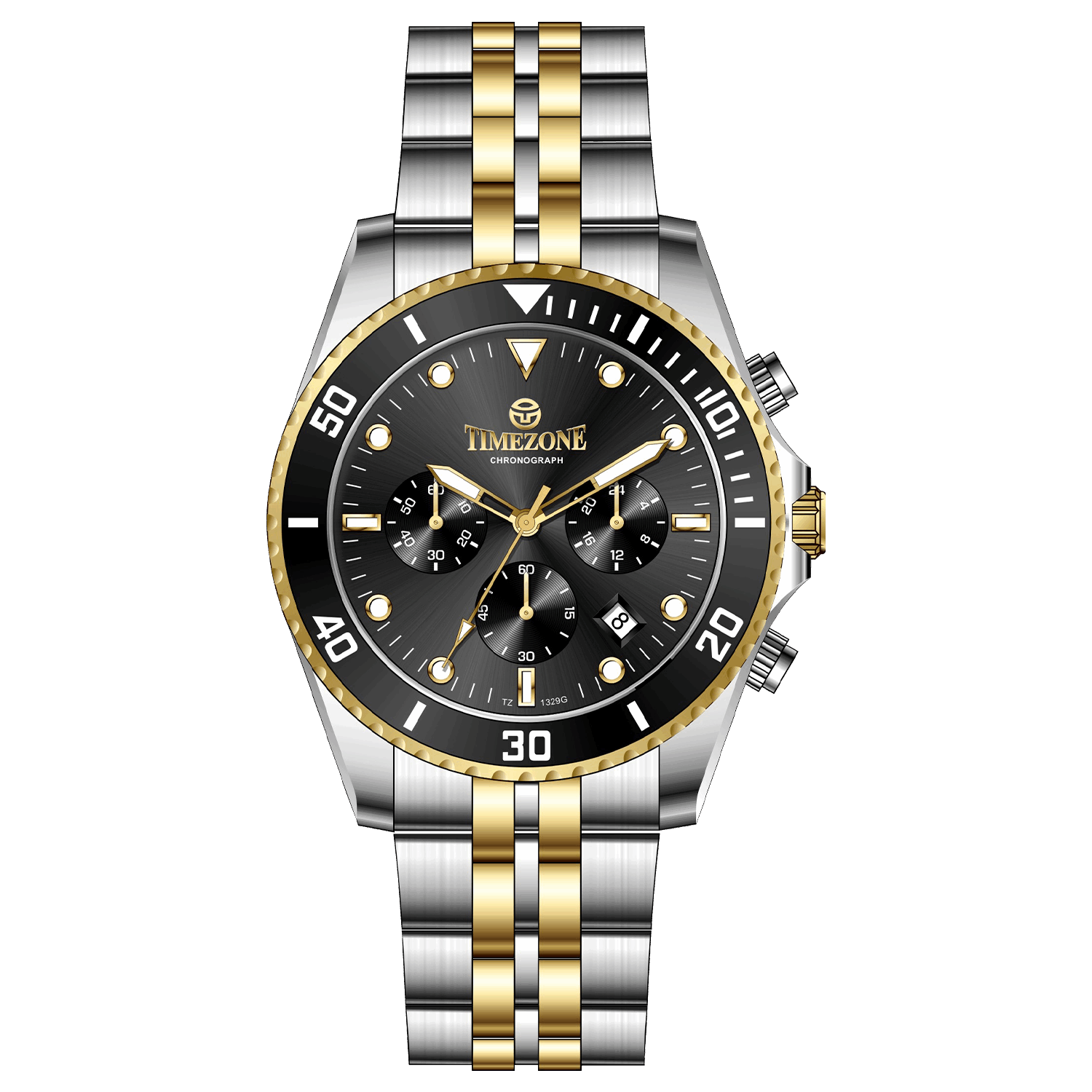 A TIMEZONE branded watch with a stainless steel band and a black dial featuring black accents and gold accents. The watch has a chronograph function and a date display.