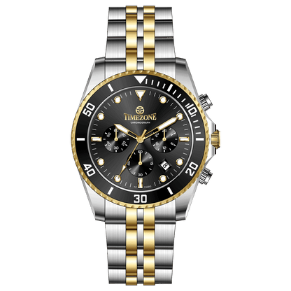 A TIMEZONE branded watch with a stainless steel band and a black dial featuring black accents and gold accents. The watch has a chronograph function and a date display.